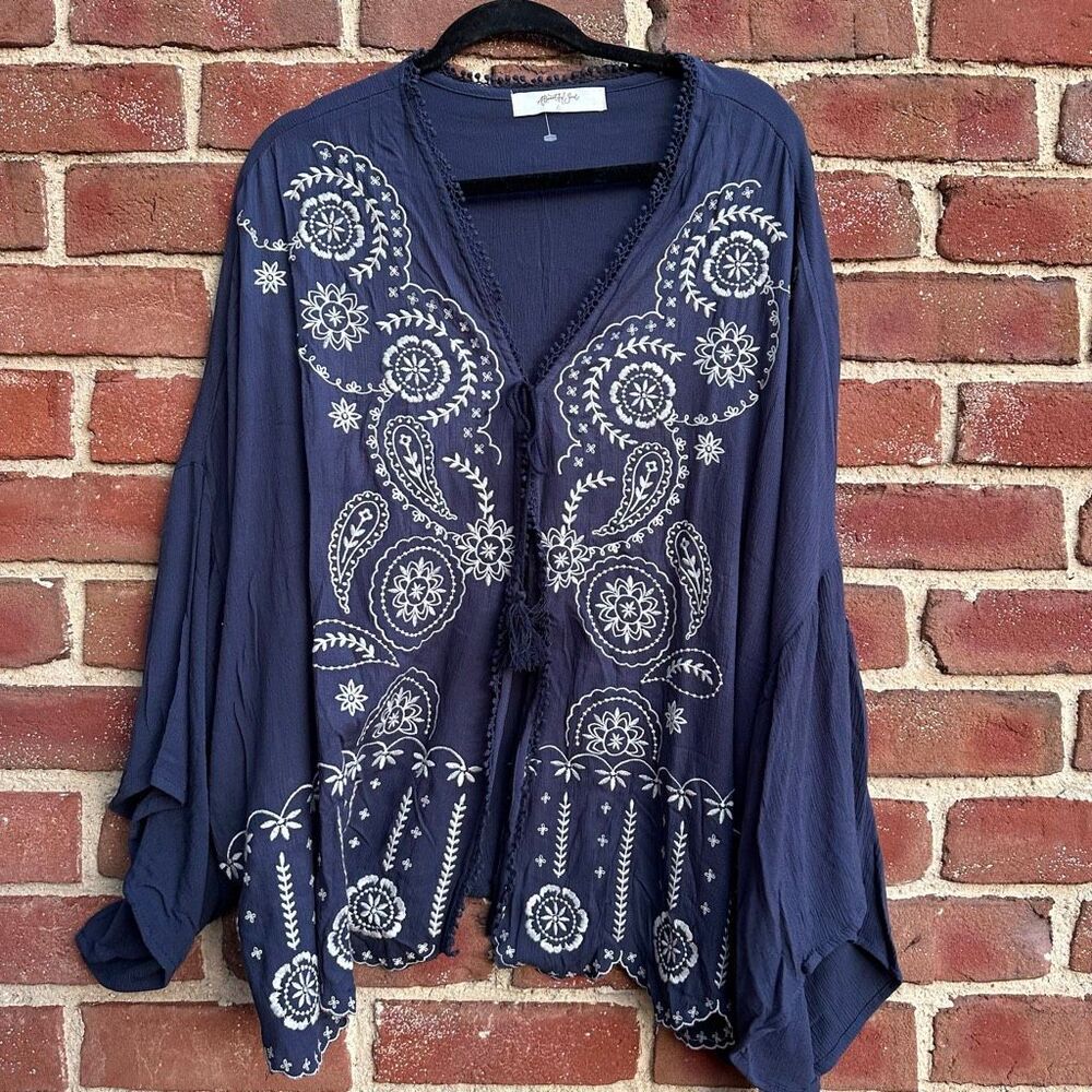 Anthropologie X Beautiful Soul Embroidered Boho Tie-Front Top Navy OSFM NWT